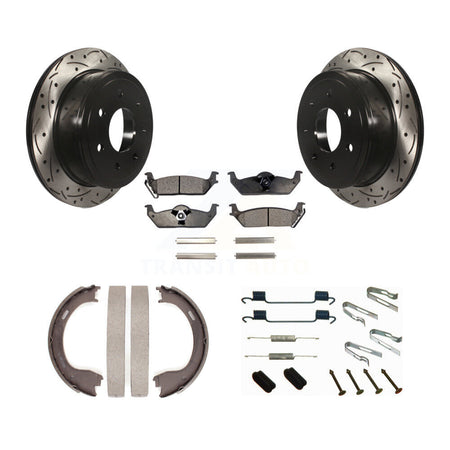 Rear Disc Drilled & Slotted Rotors Ceramic Pads Parking Shoes Hardware Kit For Ford F-150 KDT-101750