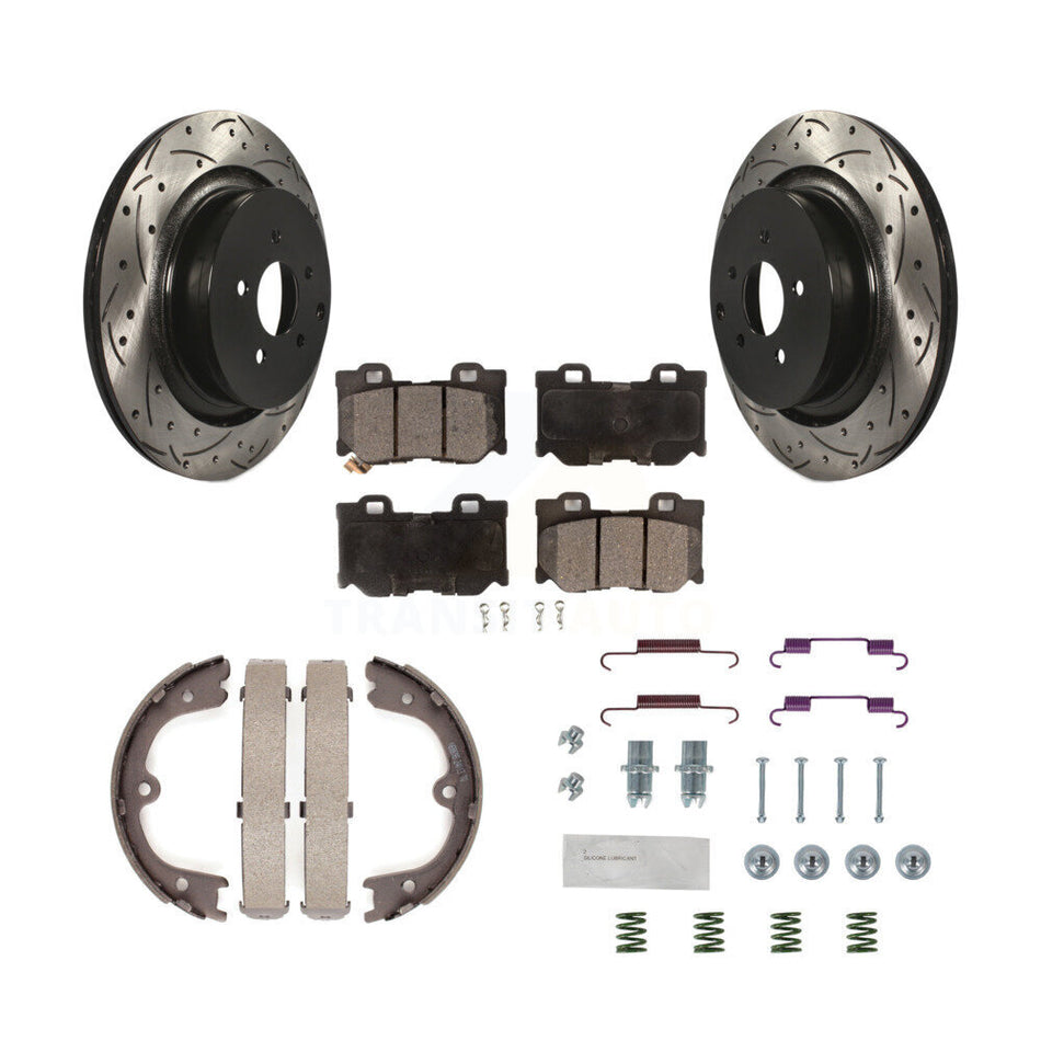 Rear Disc Drilled & Slotted Rotors Ceramic Pads Parking Shoes Hardware Kit For INFINITI KDT-101751