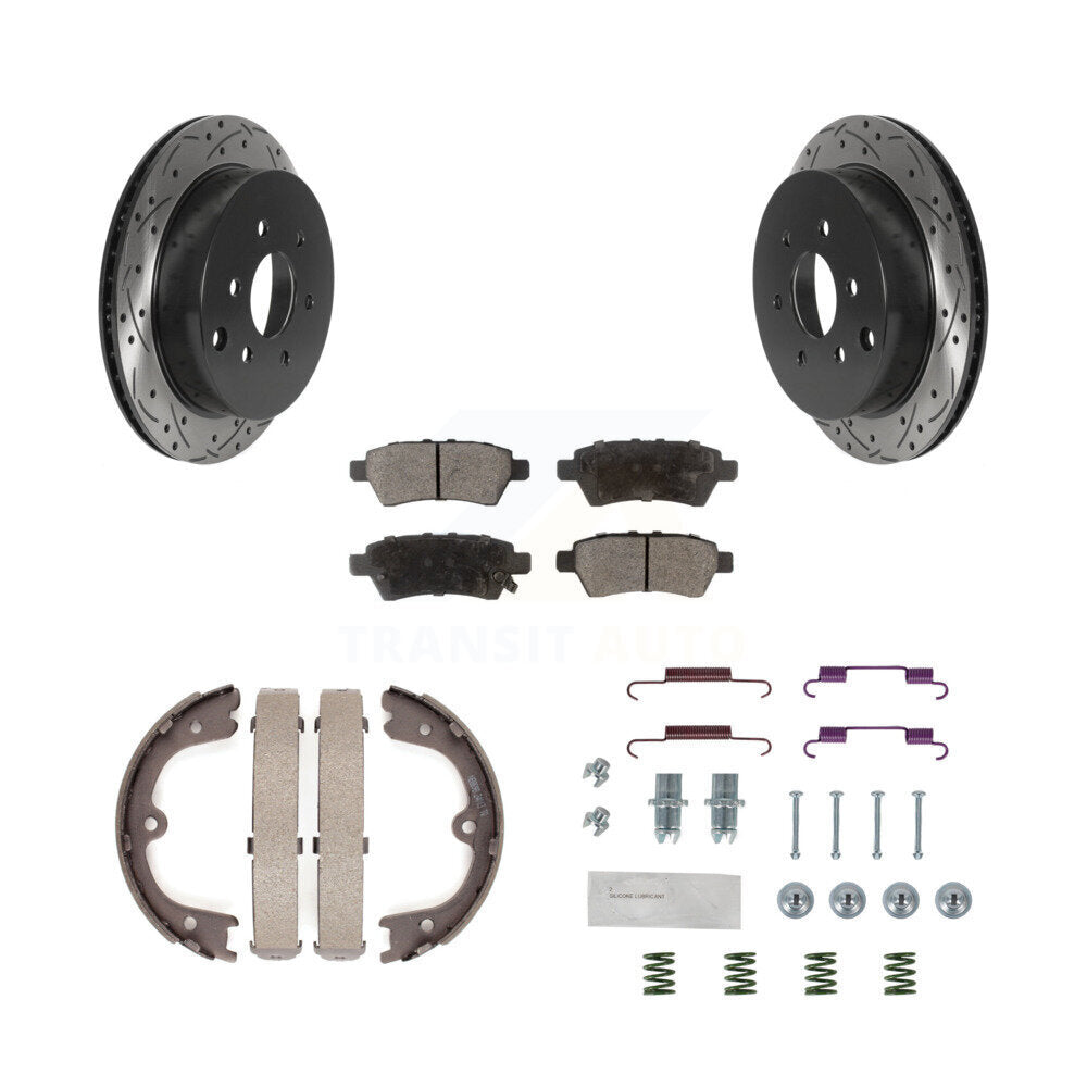 Rear Disc Drilled & Slotted Rotors Ceramic Pads Parking Brake Shoes And Hardware Kit For KDT-101755