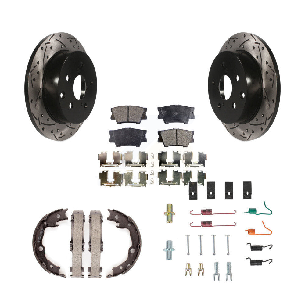Rear Disc Drilled & Slotted Rotors Ceramic Pads Parking Shoes And Hardware Kit For Toyota KDT-101756