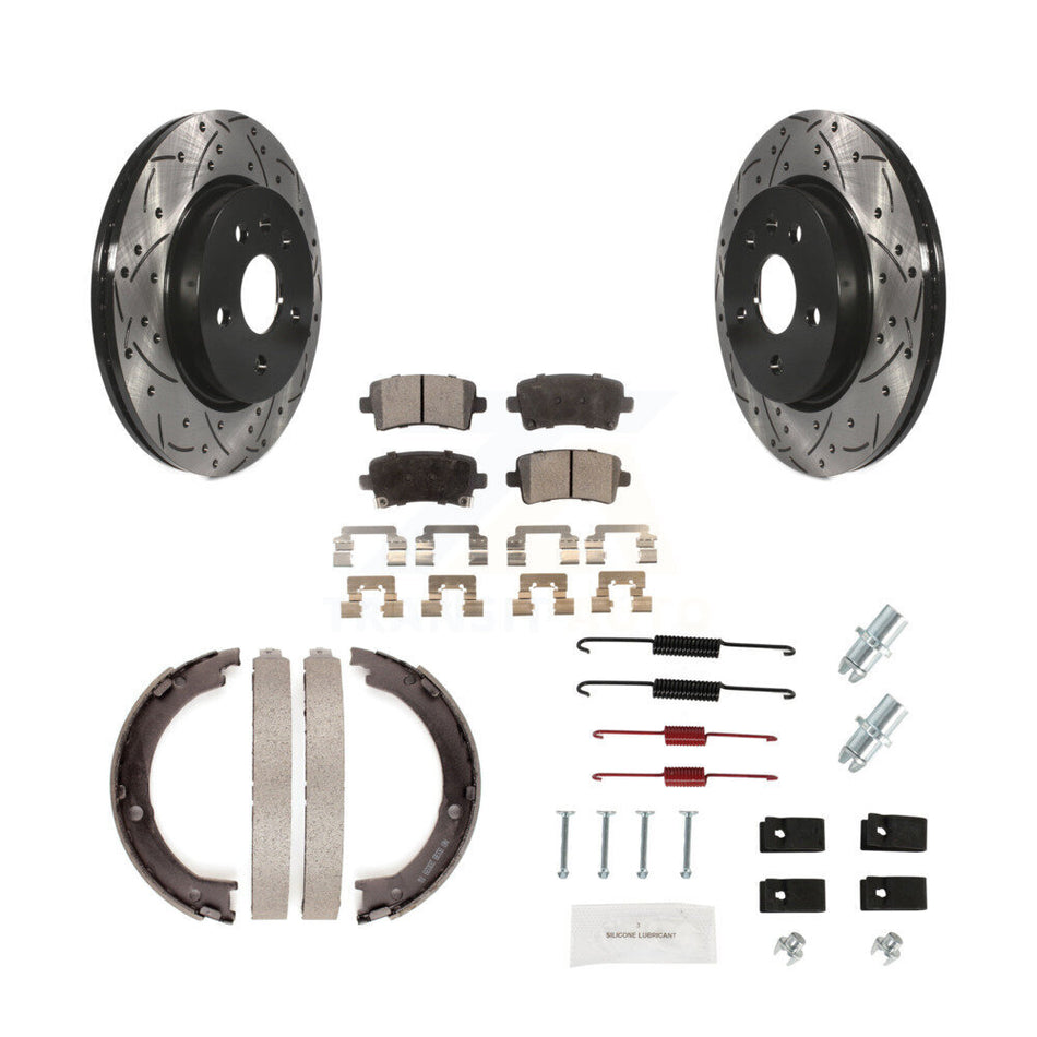 Rear Disc Drilled & Slotted Rotors Ceramic Pads Parking Brake Shoes And Hardware Kit For KDT-101757