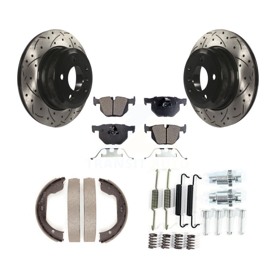 Rear Disc Drilled & Slotted Rotors Ceramic Pads Parking Shoes Hardware Kit For BMW X5 X6 KDT-101760