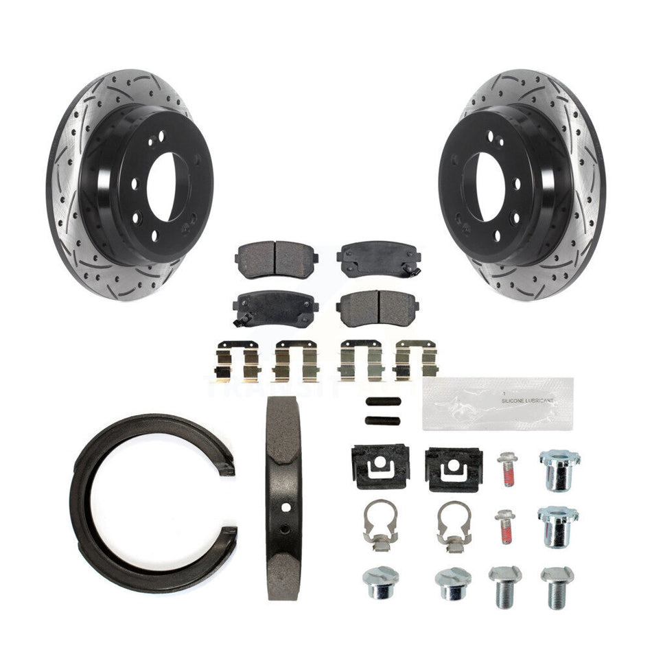 Rear Disc Drilled & Slotted Rotors Ceramic Pads Parking Brake Shoes And Hardware Kit For KDT-101764