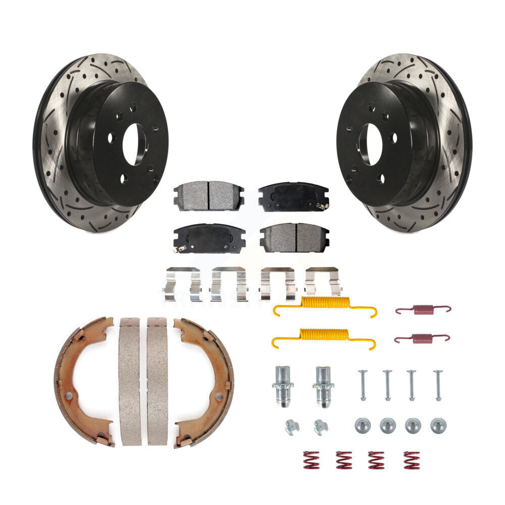 Rear Disc Drilled & Slotted Rotors Ceramic Pads Parking Shoes Hardware Kit For Chevrolet KDT-101766