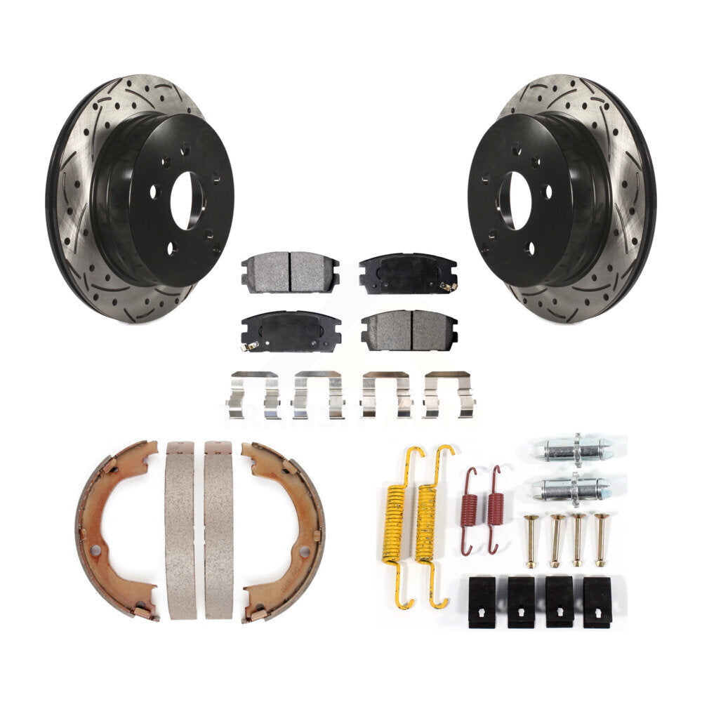 Rear Disc Drilled & Slotted Rotors Ceramic Pads Parking Shoes Hardware Kit For Chevrolet KDT-101767
