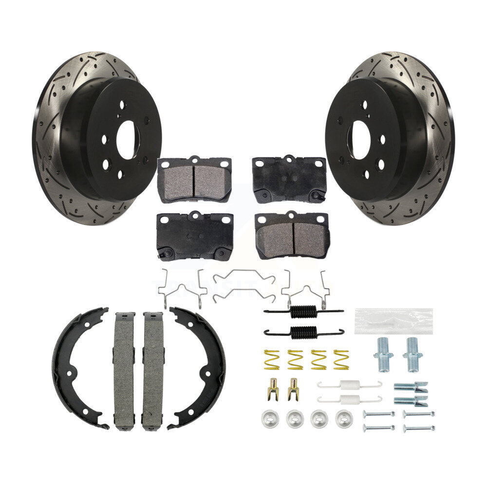 Rear Disc Drilled & Slotted Rotors Ceramic Pads Parking Brake Shoes And Hardware Kit For KDT-101768