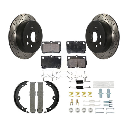 Rear Disc Drilled & Slotted Rotors Ceramic Pads Parking Brake Shoes And Hardware Kit For KDT-101768