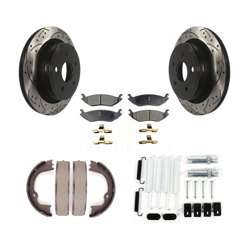 Rear Disc Drilled & Slotted Rotors Ceramic Pads Parking Shoes Hardware Kit For Ram 1500 KDT-101770