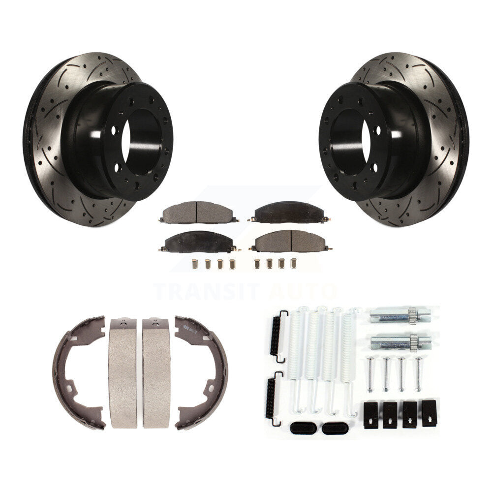 Rear Disc Drilled & Slotted Rotors Ceramic Pads Parking Shoes Hardware Kit For Ram 1500 KDT-101771