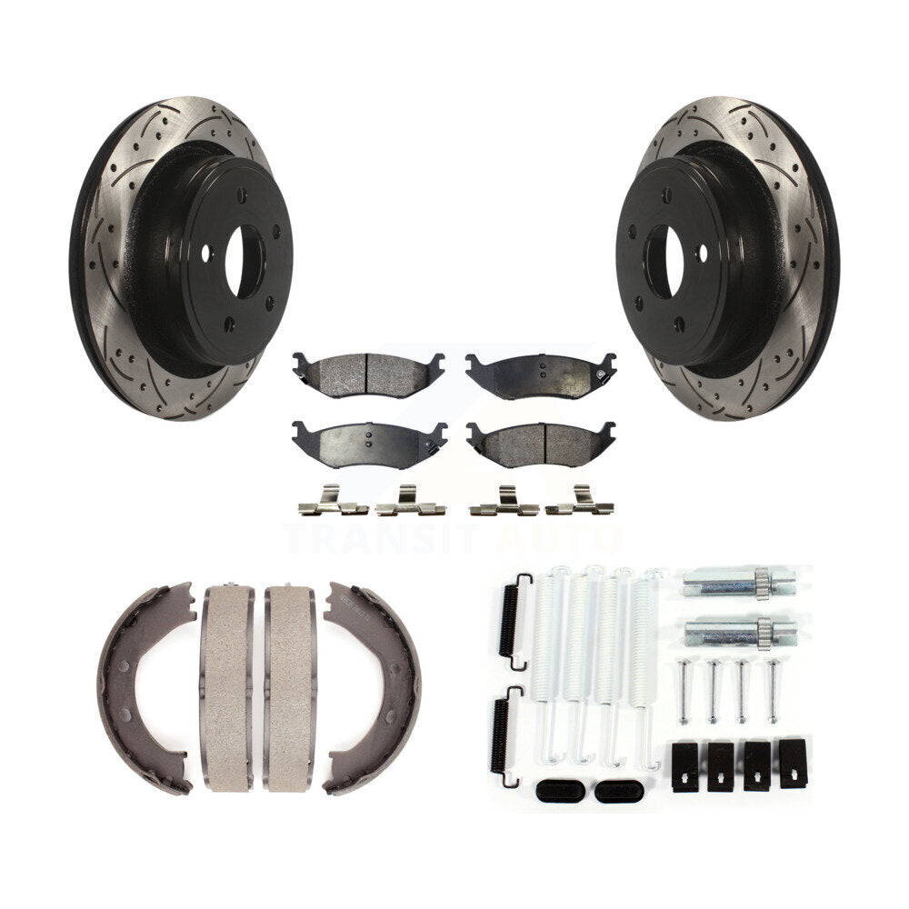 Rear Disc Drilled & Slotted Rotors Ceramic Pads Parking Brake Shoes And Hardware Kit For KDT-101772