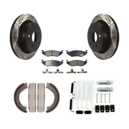 Rear Disc Drilled & Slotted Rotors Ceramic Pads Parking Brake Shoes And Hardware Kit For KDT-101772