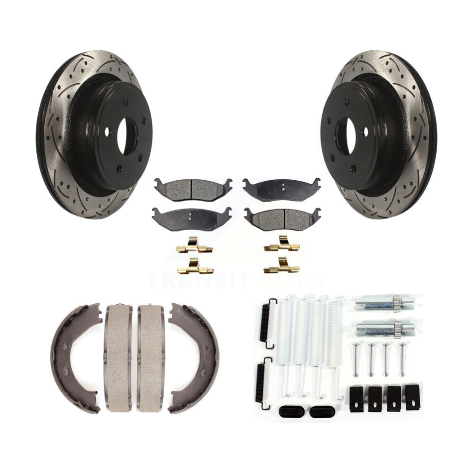 Rear Disc Drilled & Slotted Rotors Ceramic Pads Parking Shoes Hardware Kit For Dodge Ram KDT-101773