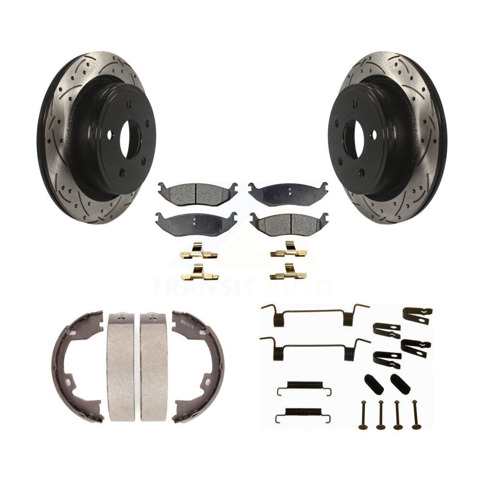 Rear Disc Drilled & Slotted Rotors Ceramic Pads Parking Brake Shoes And Hardware Kit For KDT-101774