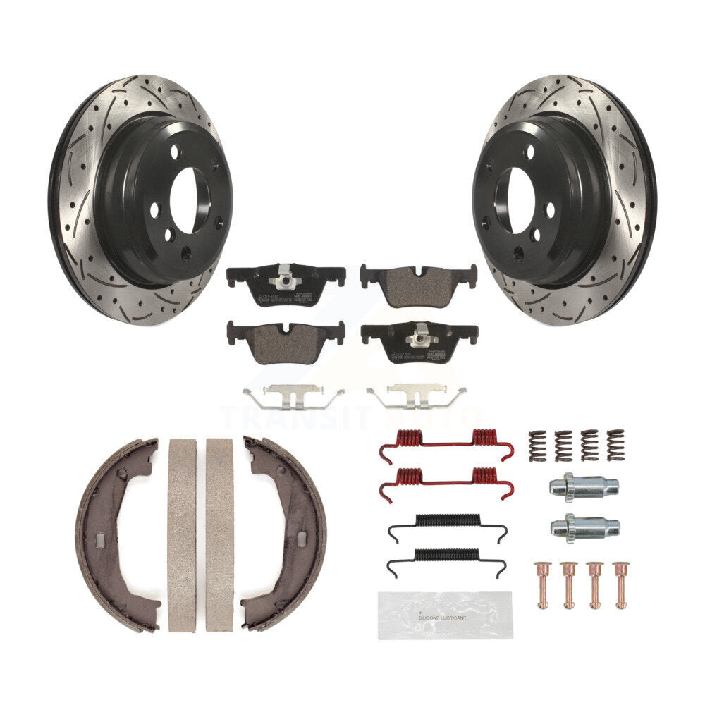 Rear Disc Drilled & Slotted Rotors Ceramic Pads Parking Shoes Hardware Kit For BMW 320i KDT-101777