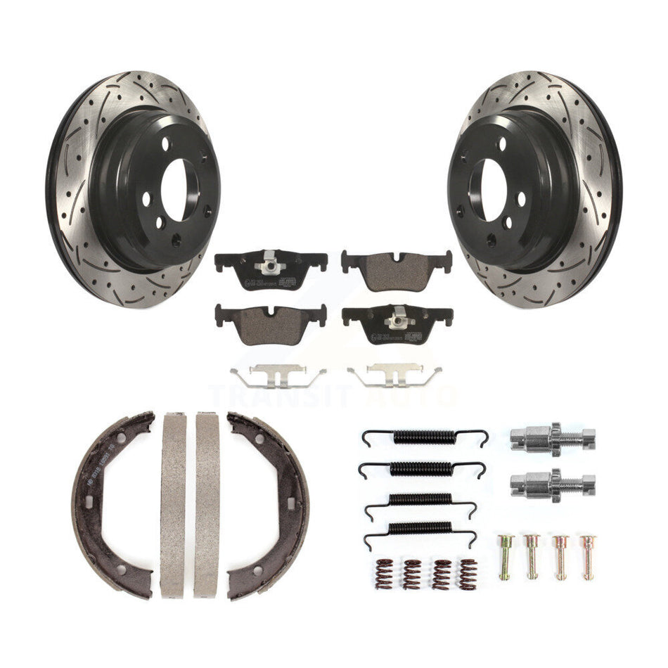Rear Disc Drilled & Slotted Rotors Ceramic Pads Parking Shoes Hardware Kit For BMW 328i KDT-101778