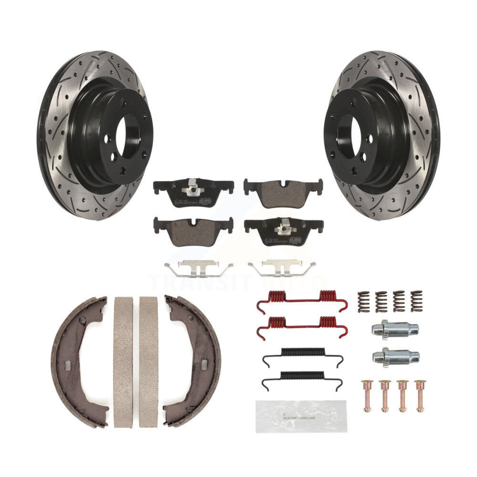 Rear Disc Drilled & Slotted Rotors Ceramic Pads Parking Shoes Hardware Kit For BMW 230i KDT-101779