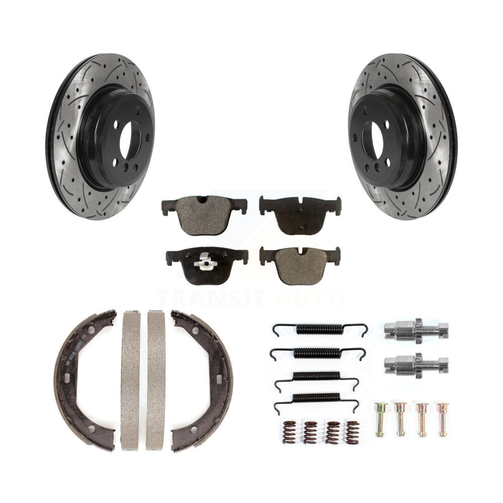Rear Disc Drilled & Slotted Rotors Ceramic Pads Parking Shoes Hardware Kit For BMW 330i 3 KDT-101787