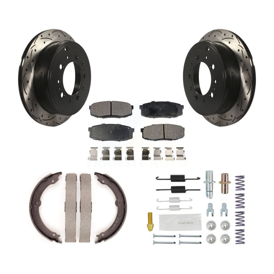 Rear Disc Drilled & Slotted Rotors Ceramic Pads Parking Shoes And Hardware Kit For Toyota KDT-101789