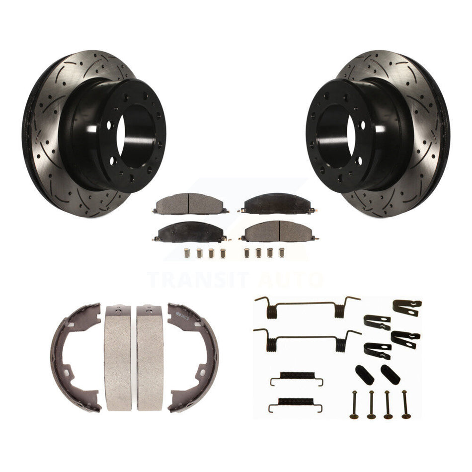 Rear Disc Drilled & Slotted Rotors Ceramic Pads Parking Shoes Hardware Kit For Ram 3500 KDT-101790