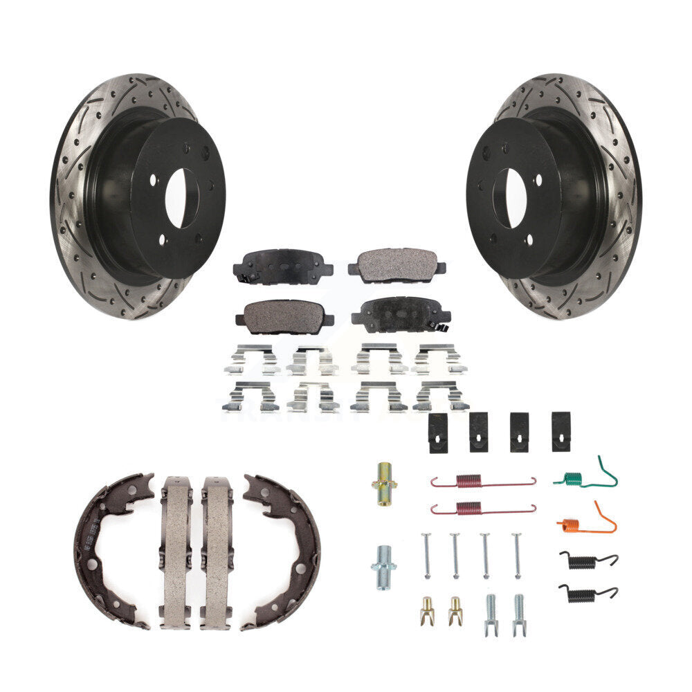 Rear Disc Drilled & Slotted Rotors Ceramic Pads Parking Shoes And Hardware Kit For Nissan KDT-101798