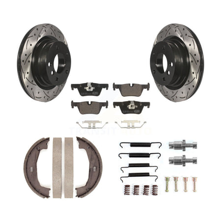 Rear Disc Drilled & Slotted Rotors Ceramic Pads Parking Shoes Hardware Kit For BMW 328i KDT-101801