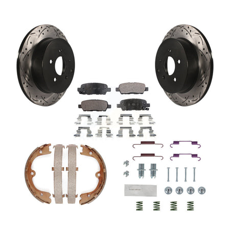 Rear Disc Drilled & Slotted Rotors Ceramic Pads Parking Shoes Hardware Kit For INFINITI KDT-101802