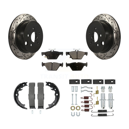 Rear Disc Drilled & Slotted Rotors Ceramic Pads Parking Brake Shoes And Hardware Kit For KDT-101803