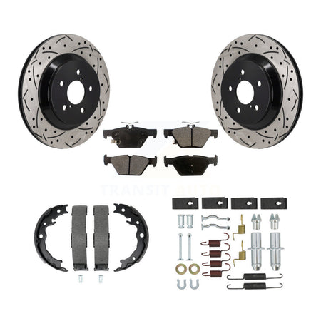 Rear Disc Drilled & Slotted Rotors Ceramic Pads Parking Brake Shoes And Hardware Kit For KDT-101804