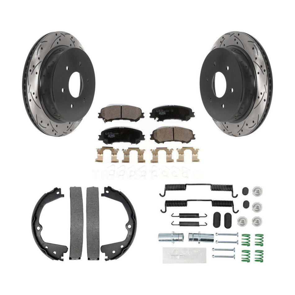 Rear Disc Drilled & Slotted Rotors Ceramic Pads Parking Brake Shoes And Hardware Kit For KDT-101808