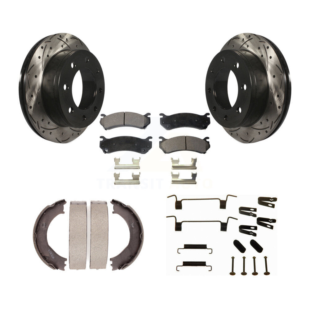 Rear Disc Drilled & Slotted Rotors Ceramic Pads Parking Shoes Hardware Kit For Chevrolet KDT-101810