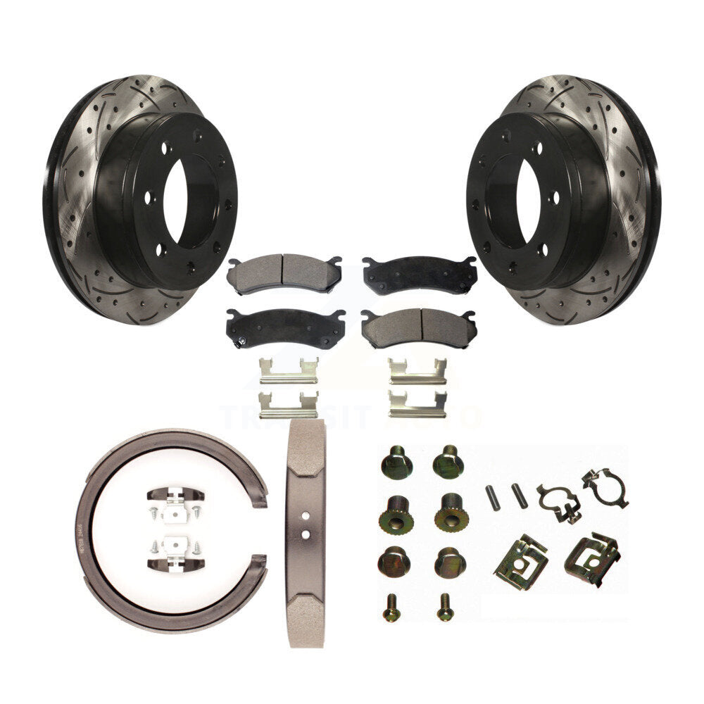Rear Disc Drilled & Slotted Rotors Ceramic Pads Parking Shoes Hardware Kit For GMC Sierra KDT-101814