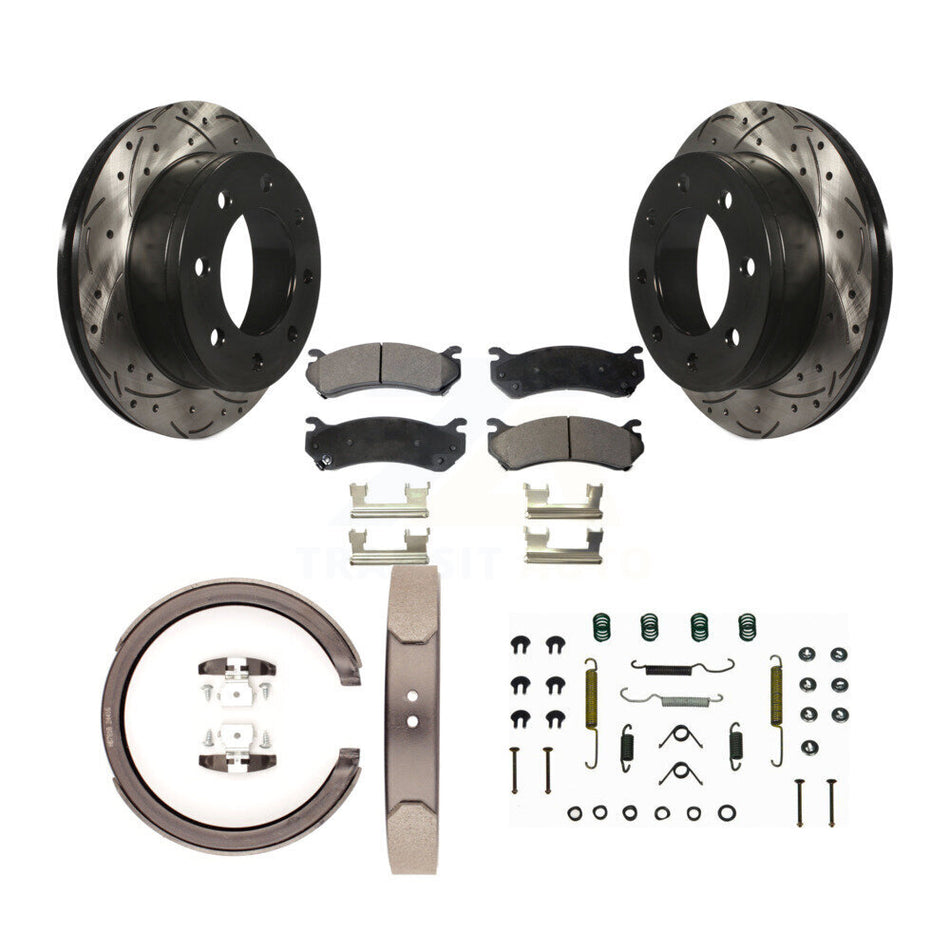 Rear Disc Drilled & Slotted Rotors Ceramic Pads Parking Shoes Hardware Kit For Chevrolet KDT-101815