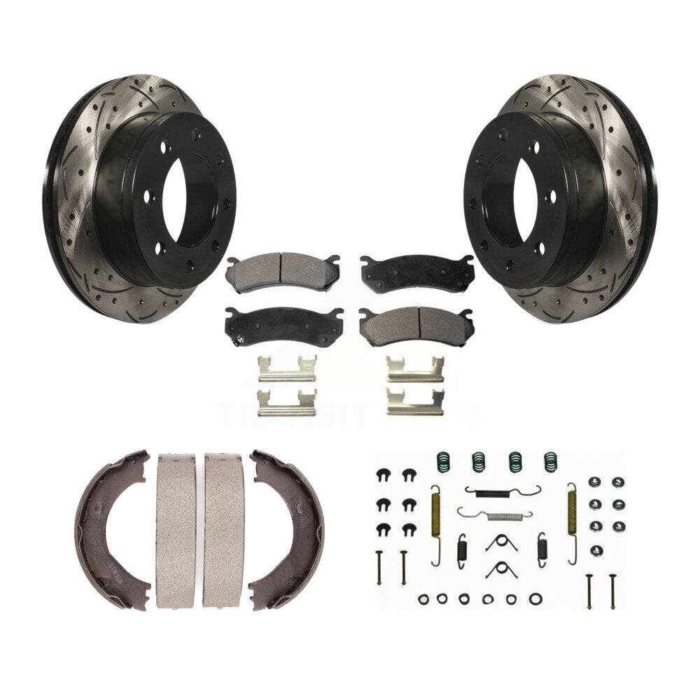 Rear Disc Drilled & Slotted Rotors Ceramic Pads Parking Shoes Hardware Kit For Chevrolet KDT-101816