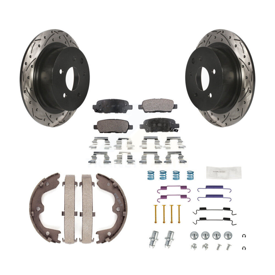 Rear Disc Drilled & Slotted Rotors Ceramic Pads Parking Brake Shoes And Hardware Kit For KDT-101817