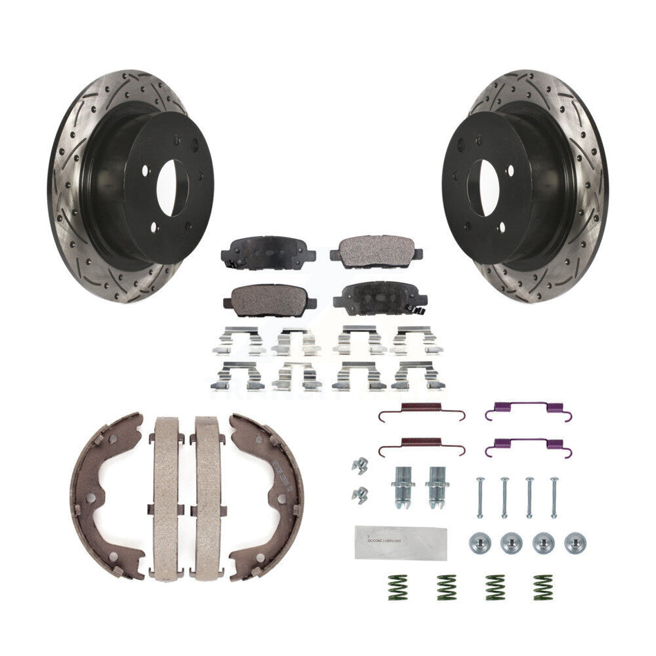 Rear Disc Drilled & Slotted Rotors Ceramic Pads Parking Shoes And Hardware Kit For Nissan KDT-101818