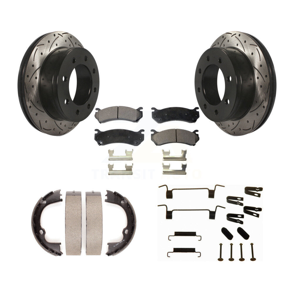 Rear Disc Drilled & Slotted Rotors Ceramic Pads Parking Shoes Hardware Kit For Chevrolet KDT-101820
