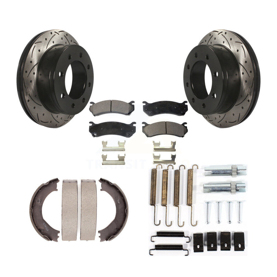 Rear Disc Drilled & Slotted Rotors Ceramic Pads Parking Shoes Hardware Kit For GMC Sierra KDT-101821