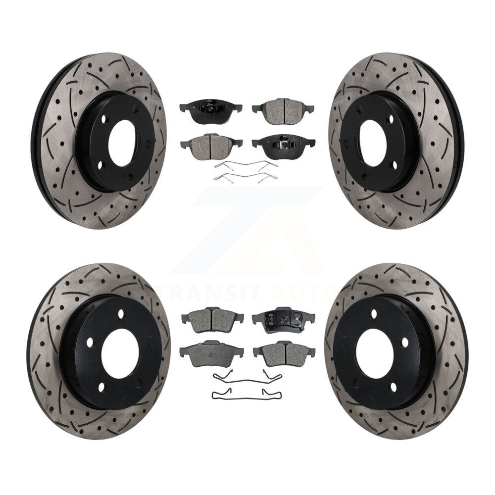 Front Rear Coated Drill Slot Disc Brake Rotors Ceramic Pad Kit For 2004-2005 Mazda 3 2.0L KDT-101840
