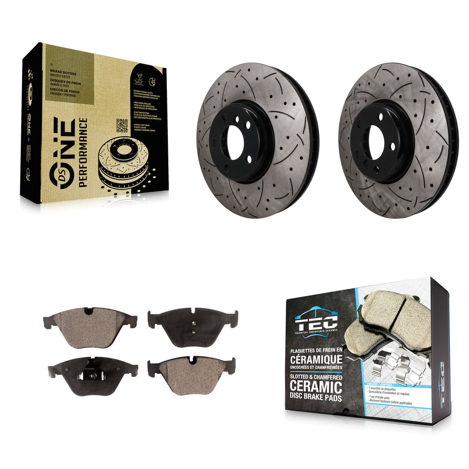 Front Coated Drilled Slotted Disc Brake Rotors And Ceramic Pad Kit For 2011-2013 BMW 535i KDT-101941