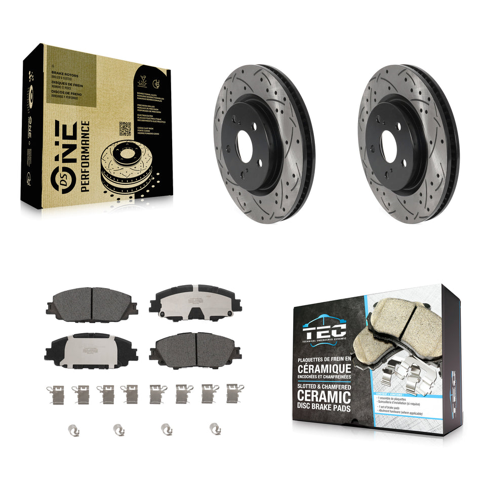 Front Coated Drilled Slot Disc Brake Rotor Ceramic Pad Kit For 2023-2024 Toyota Prius AWD KDT-101973