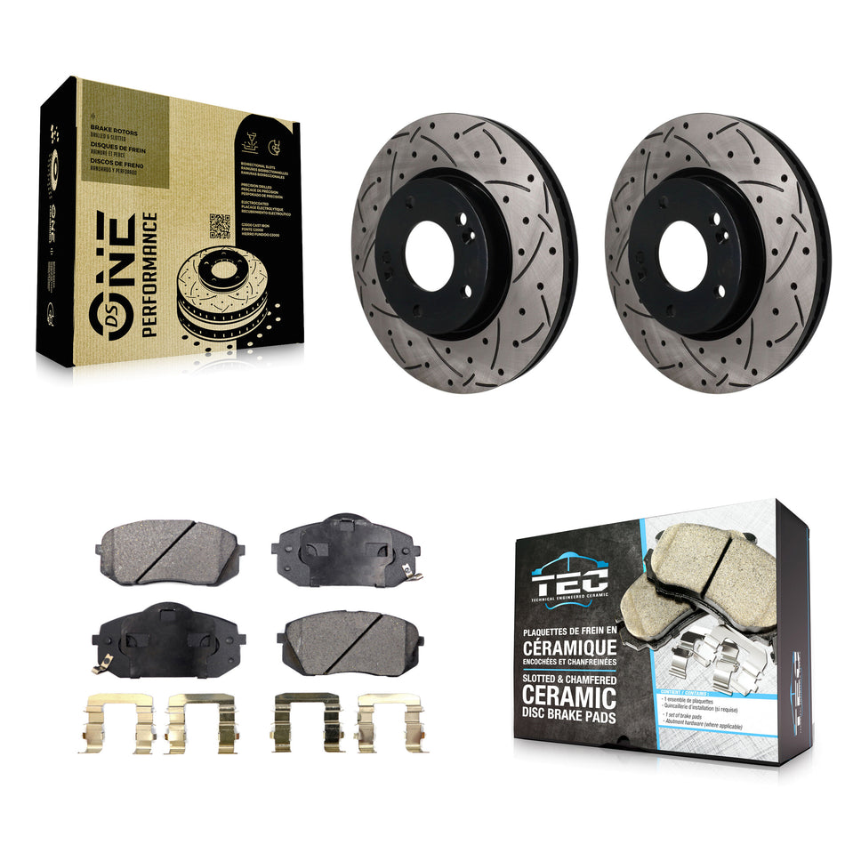 Front Coated Drilled Slotted Disc Brake Rotor And Ceramic Pad Kit For 2010-2012 Kia Rondo KDT-102006