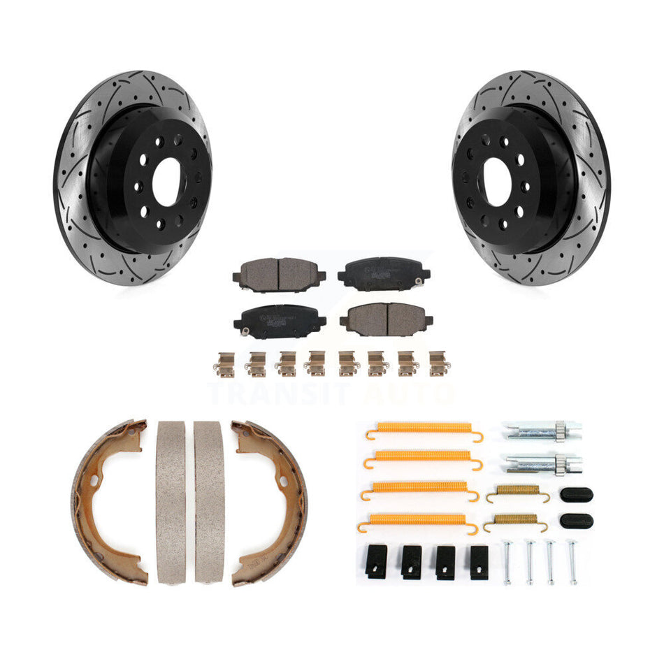 Rear Disc Drilled & Slotted Rotors Ceramic Pads Parking Brake Shoes And Hardware Kit For KDT-102102