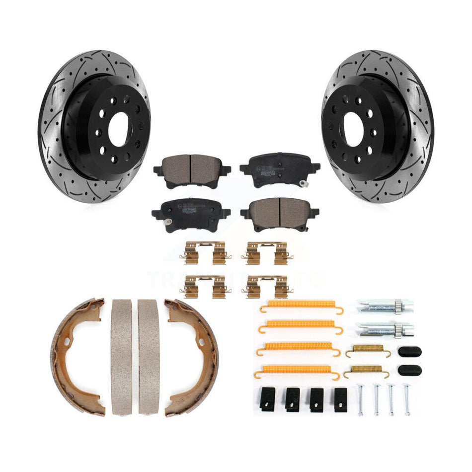 Rear Disc Drilled & Slotted Rotors Ceramic Pads Parking Brake Shoes And Hardware Kit For KDT-102104
