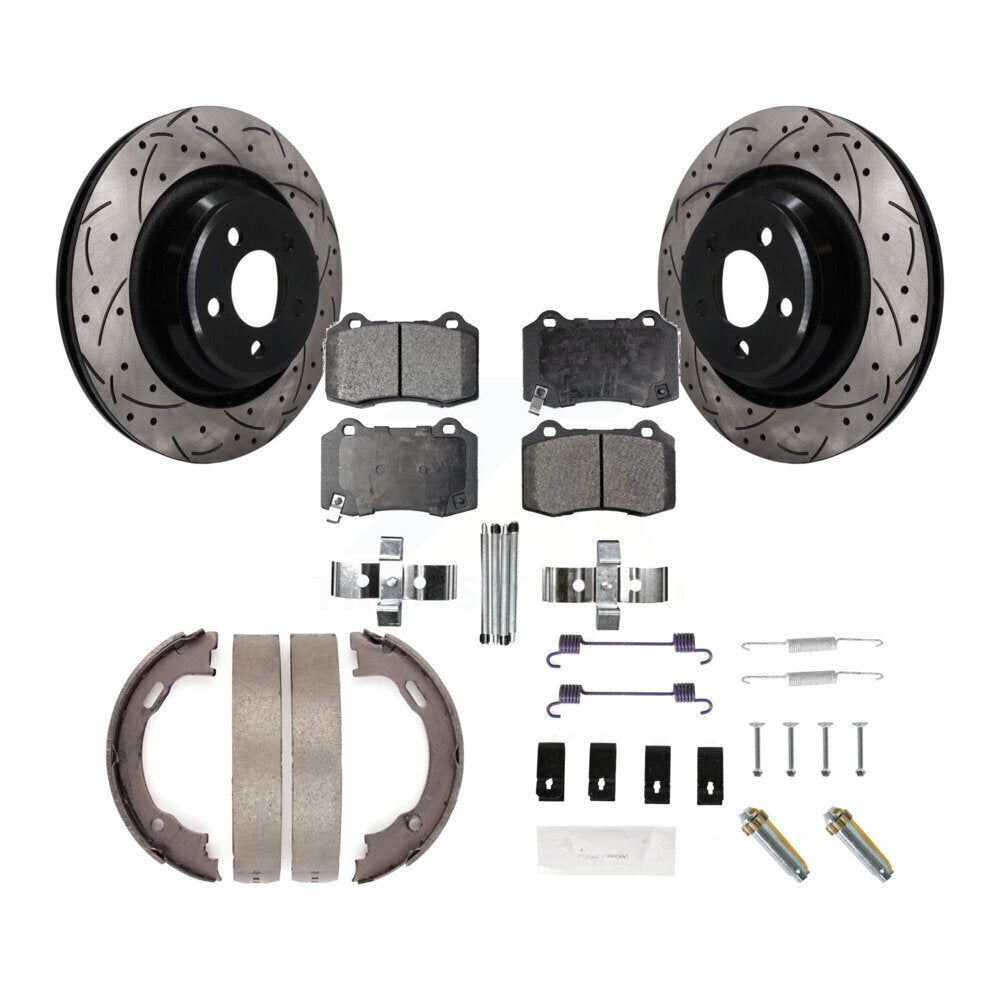 Rear Disc Drilled & Slotted Rotors Ceramic Pads Parking Shoes Hardware Kit For Dodge 300 KDT-102106