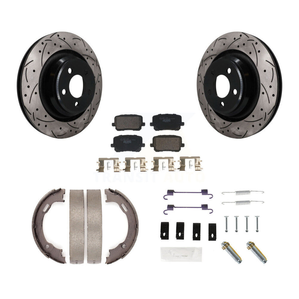 Rear Disc Drilled & Slotted Rotors Ceramic Pads Parking Brake Shoes And Hardware Kit For KDT-102107