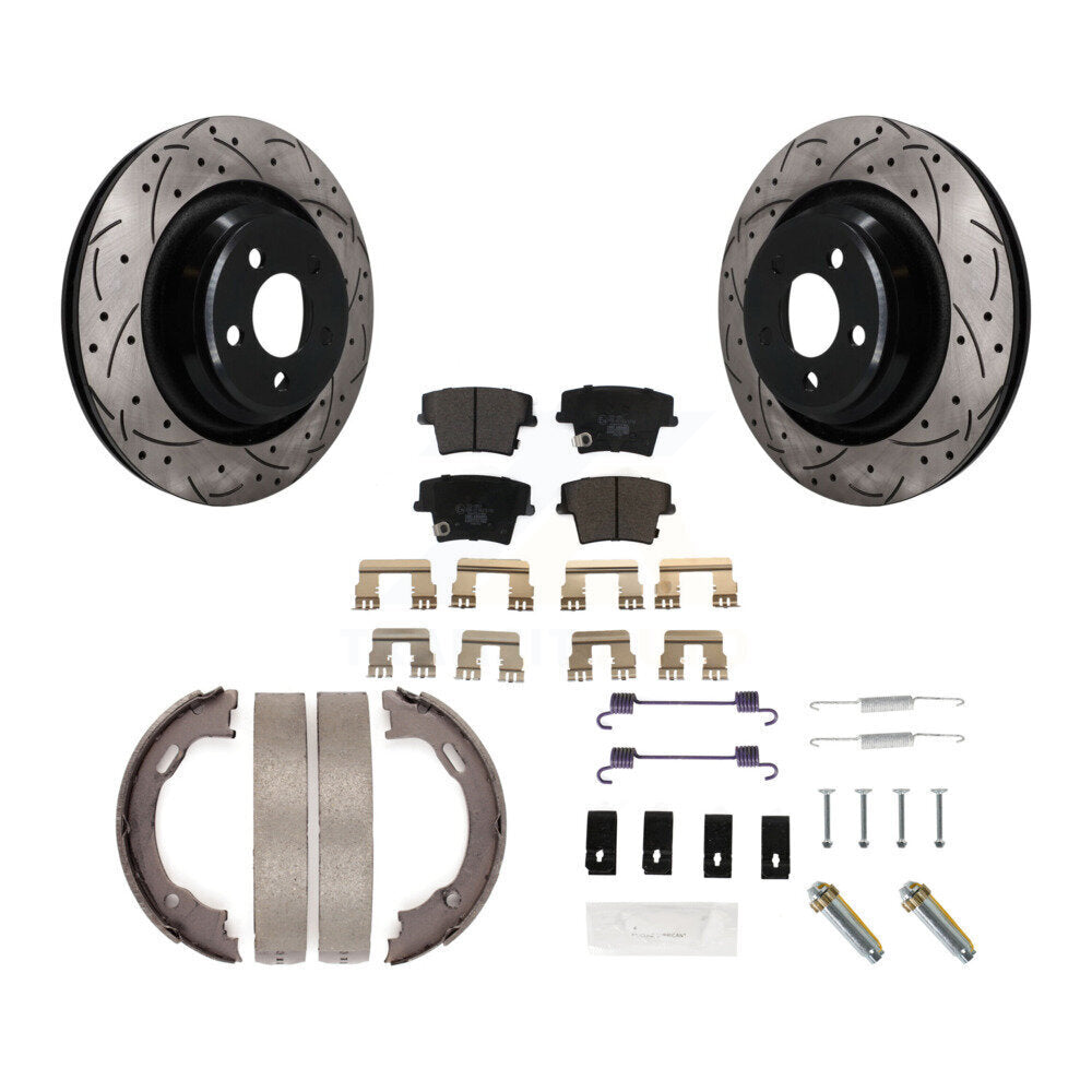 Rear Disc Drilled & Slotted Rotors Ceramic Pads Parking Brake Shoes And Hardware Kit For KDT-102108