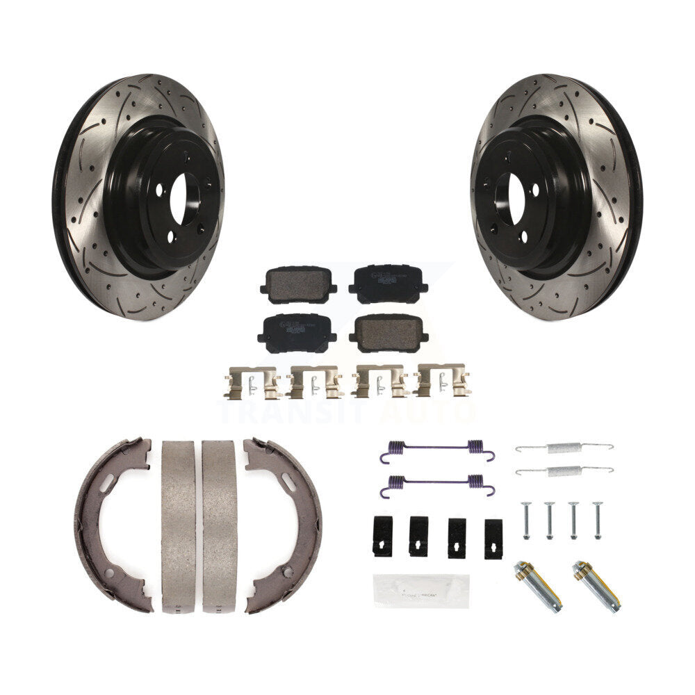 Rear Disc Drilled & Slotted Rotors Ceramic Pads Parking Brake Shoes And Hardware Kit For KDT-102109