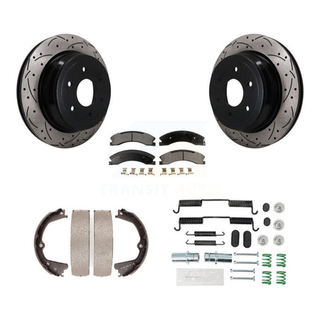 Rear Disc Drilled & Slotted Rotors Ceramic Pads Parking Brake Shoes And Hardware Kit For KDT-102113