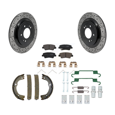 Rear Disc Drilled & Slotted Rotors Ceramic Pads Parking Brake Shoes And Hardware Kit For KDT-102115