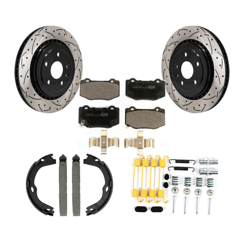 Rear Disc Drilled & Slotted Rotors Ceramic Pads Parking Brake Shoes And Hardware Kit For KDT-102116